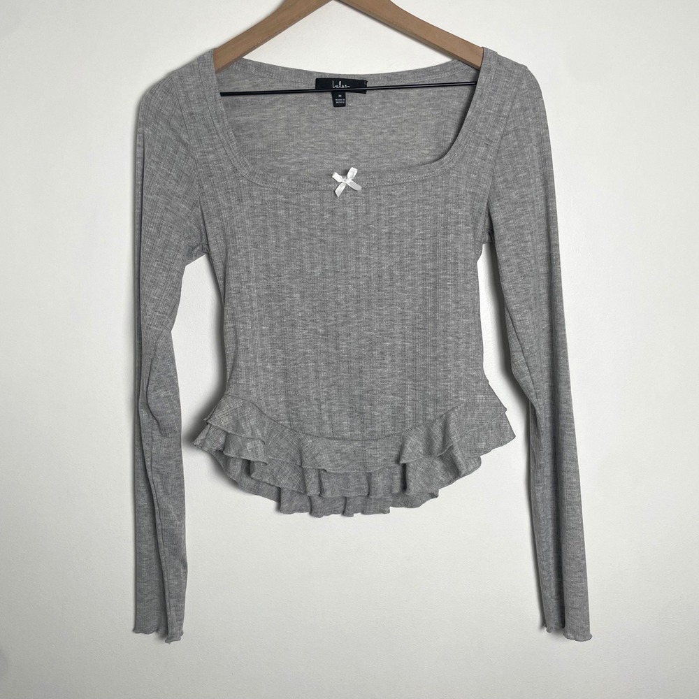 Coquette Blouse Womens M Gray Ribbed Ruffle Bow Y2K Dainty Feminine Balletcore